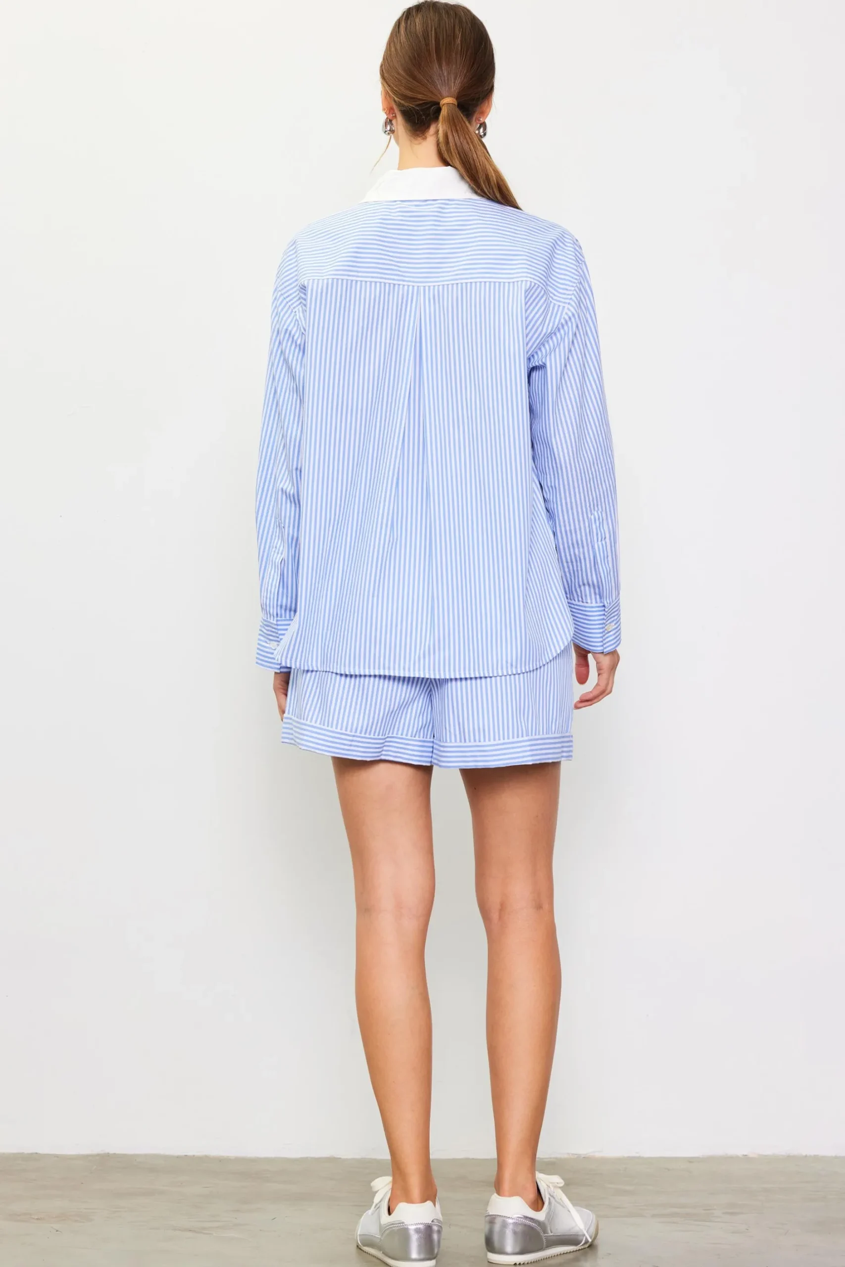 SKIES ARE BLUE Long Sleeve Tops*Striped Shirt with Contrast Detail Blue-white