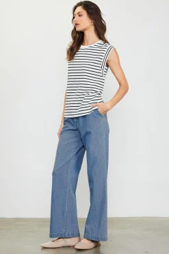 SKIES ARE BLUE Sleeveless Tops*Striped Sleeveless Rib Top White-navy