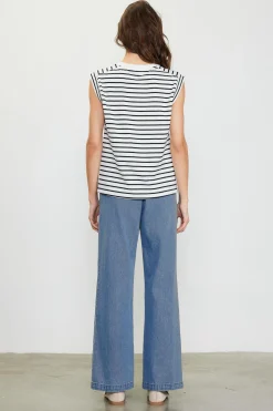 SKIES ARE BLUE Sleeveless Tops*Striped Sleeveless Rib Top White-navy