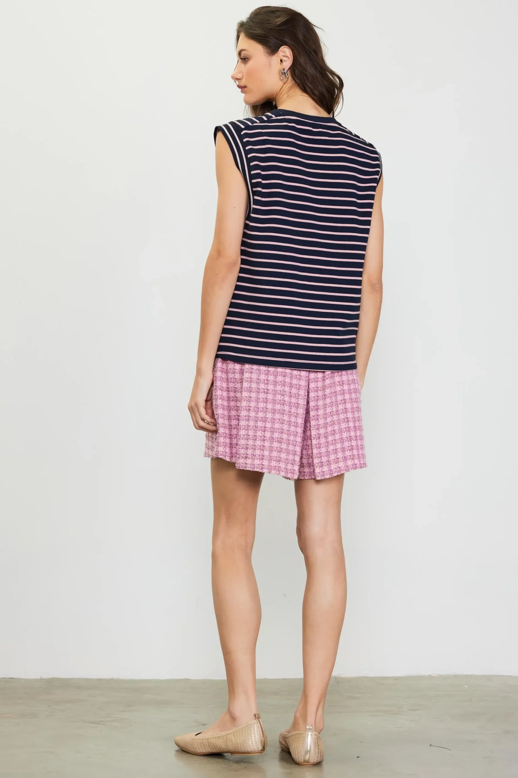 SKIES ARE BLUE Sleeveless Tops*Striped Sleeveless Rib Top Navy/pink
