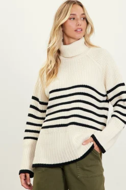 SKIES ARE BLUE Sweaters*Striped Turtleneck Sweater Cream-black