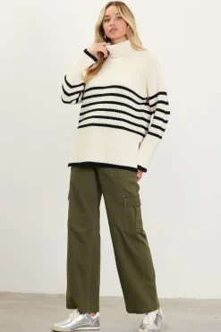 SKIES ARE BLUE Sweaters*Striped Turtleneck Sweater Cream-black