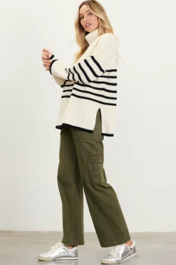 SKIES ARE BLUE Sweaters*Striped Turtleneck Sweater Cream-black