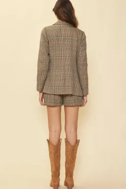 SKIES ARE BLUE Blazers*Structured Plaid Blazer Camel