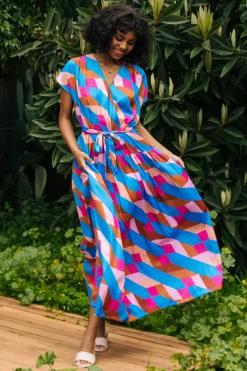 SKIES ARE BLUE Maxi Dresses*Surplice Bodice Geometric Print Maxi Dress Blue-mulberry