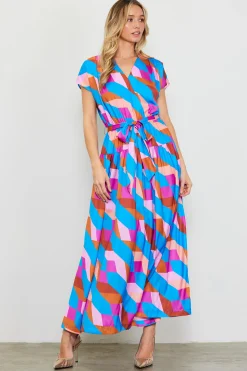 SKIES ARE BLUE Maxi Dresses*Surplice Bodice Geometric Print Maxi Dress Blue-mulberry