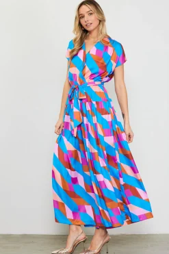 SKIES ARE BLUE Maxi Dresses*Surplice Bodice Geometric Print Maxi Dress Blue-mulberry