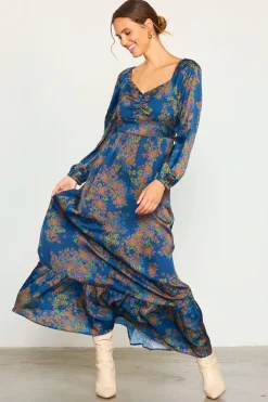 SKIES ARE BLUE Maxi Dresses*Sweetheart Neckline Longsleeve Maxi Dress Teal-mustard