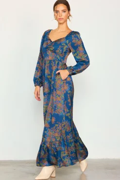 SKIES ARE BLUE Maxi Dresses*Sweetheart Neckline Longsleeve Maxi Dress Teal-mustard