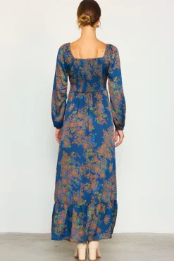 SKIES ARE BLUE Maxi Dresses*Sweetheart Neckline Longsleeve Maxi Dress Teal-mustard