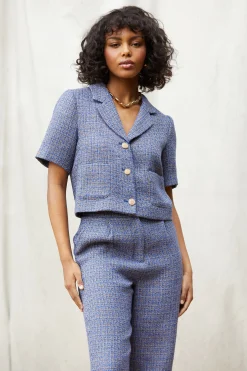SKIES ARE BLUE Blazers*Tailored Tweed Cropped Blazer Blue