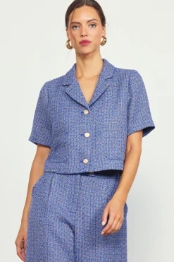 SKIES ARE BLUE Blazers*Tailored Tweed Cropped Blazer Blue