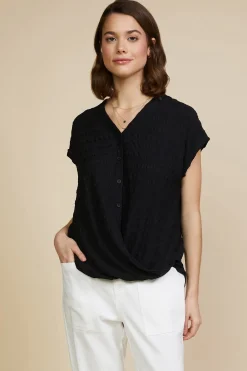 SKIES ARE BLUE Short Sleeve Tops*Textured Striped Buttoned Top Black