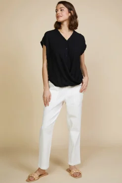 SKIES ARE BLUE Short Sleeve Tops*Textured Striped Buttoned Top Black