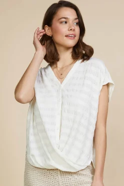 SKIES ARE BLUE Short Sleeve Tops*Textured Striped Buttoned Top Offwhite