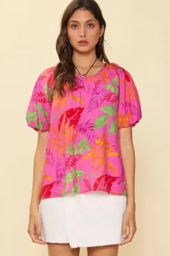 SKIES ARE BLUE Short Sleeve Tops*Tropical Print Bubble Sleeve Top Prettyinpink