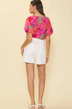 SKIES ARE BLUE Short Sleeve Tops*Tropical Print Bubble Sleeve Top Prettyinpink
