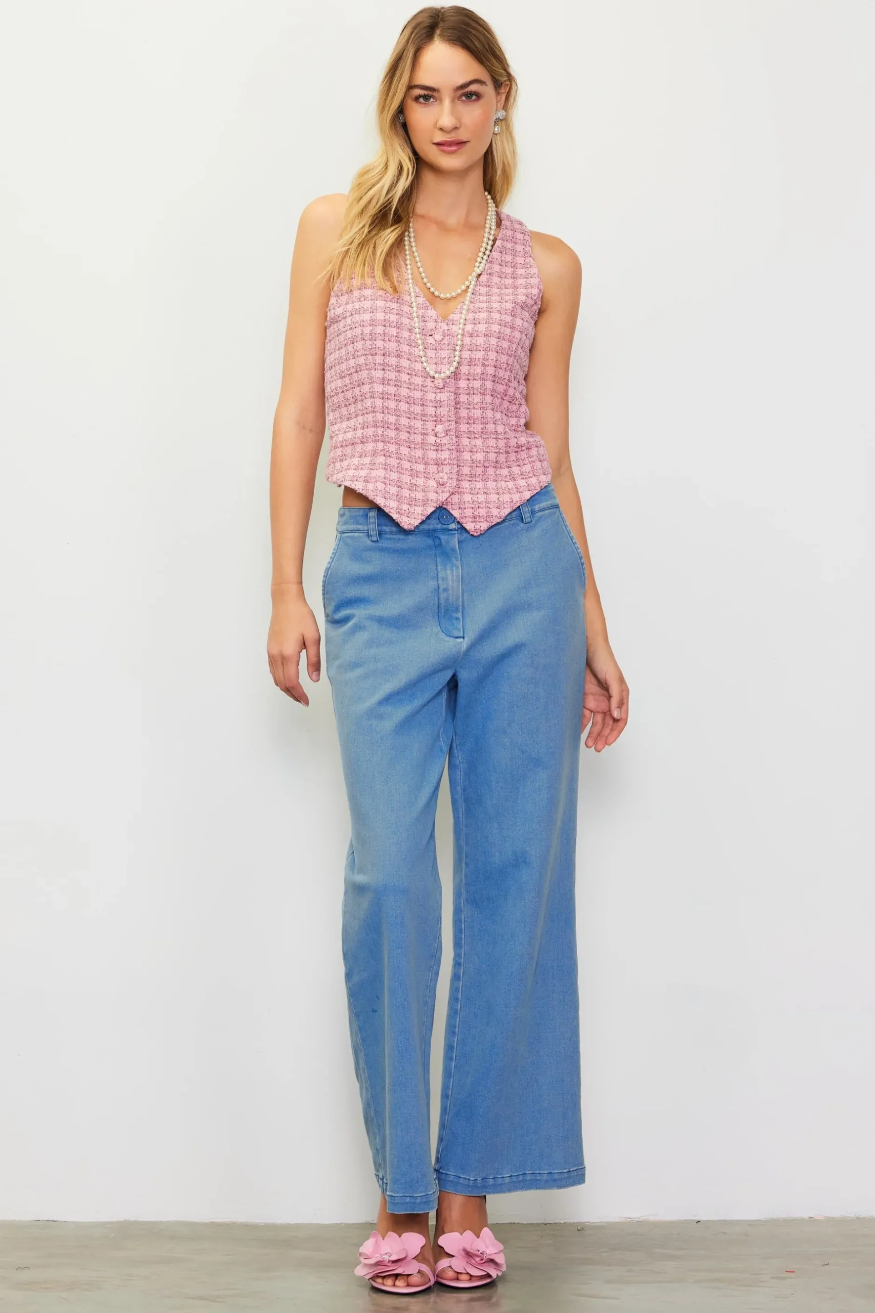 SKIES ARE BLUE Sleeveless Tops*Tweed Tailored Vest Blushapricot