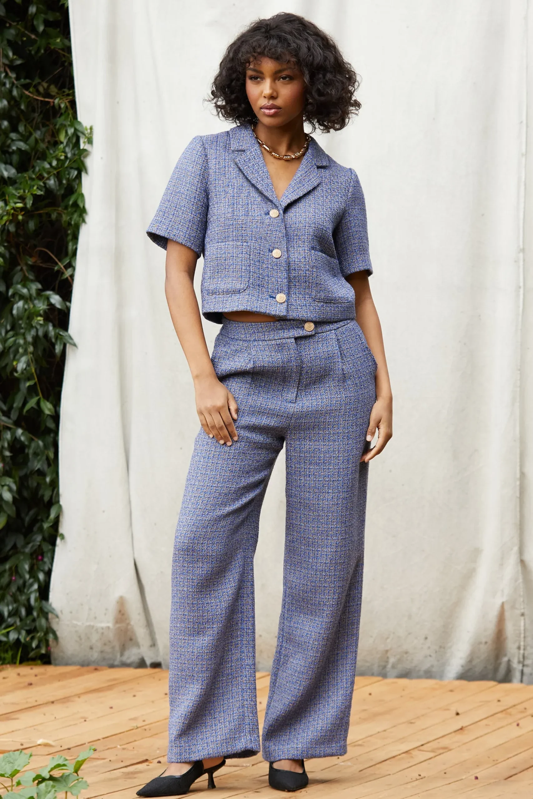 SKIES ARE BLUE Pants*Tweed Wide Leg Pants Blue