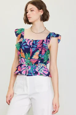 SKIES ARE BLUE Sleeveless Tops*Ula Print Ruffled Sleeve Top Tropical
