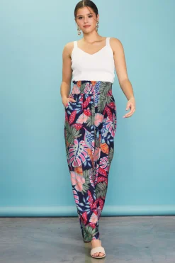 SKIES ARE BLUE Pants*Ula Print Smocked Waist Pants Tropical