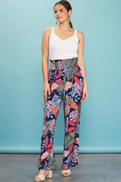 SKIES ARE BLUE Pants*Ula Print Smocked Waist Pants Tropical