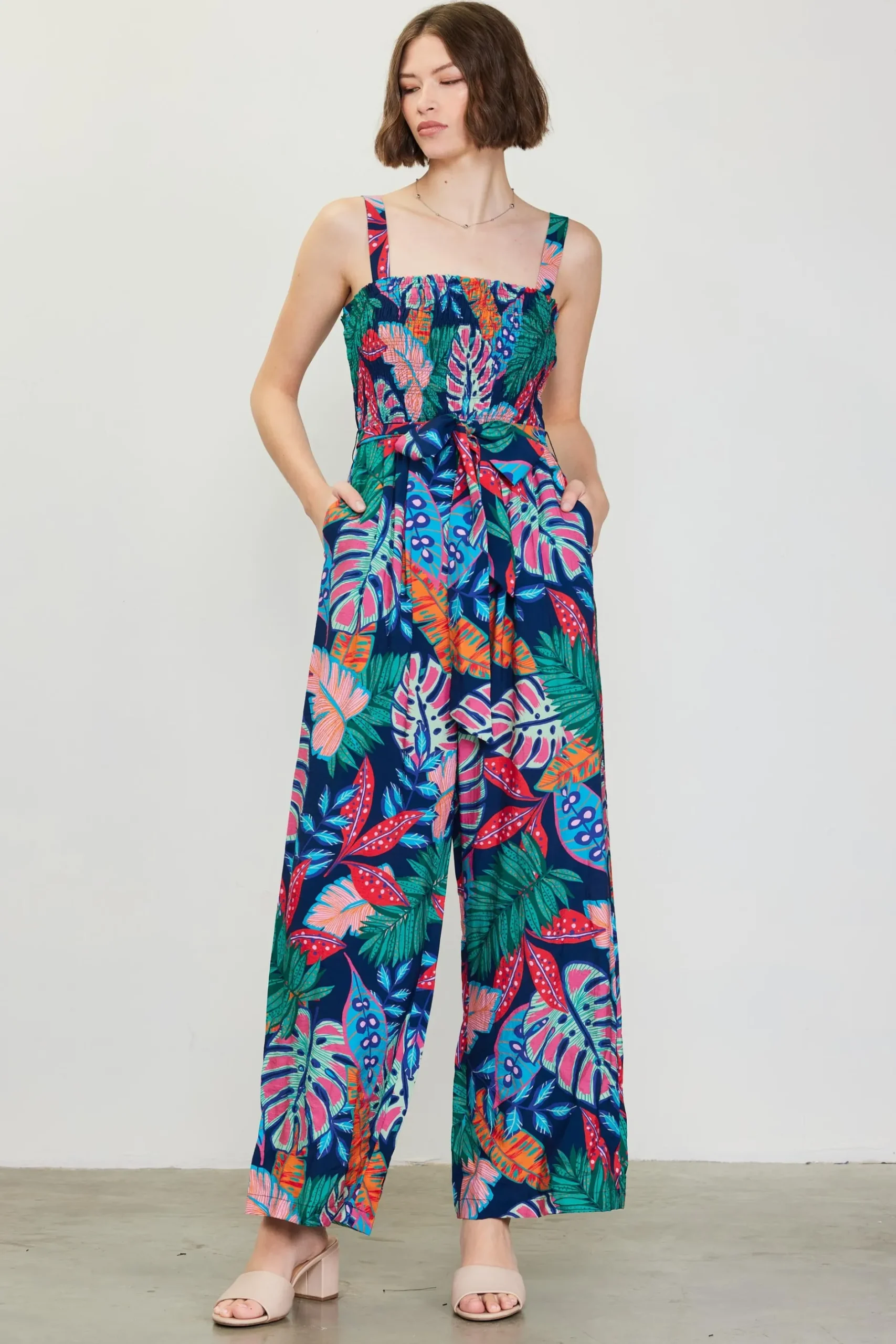 SKIES ARE BLUE Jumpsuits*Ula Print Smocked Jumpsuit Tropical