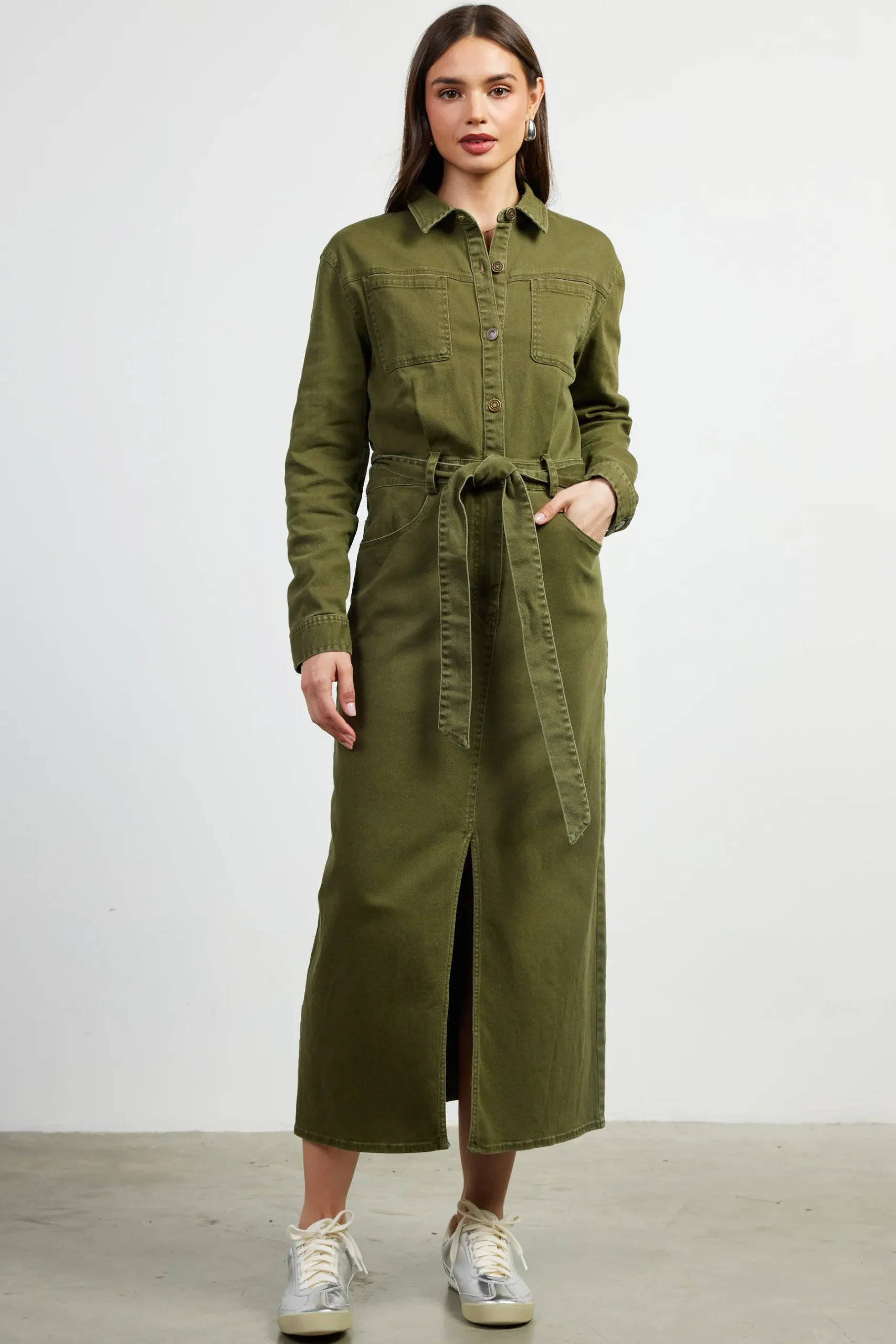 SKIES ARE BLUE Midi Dresses*Utilitarian Detail Midi Dress Olive