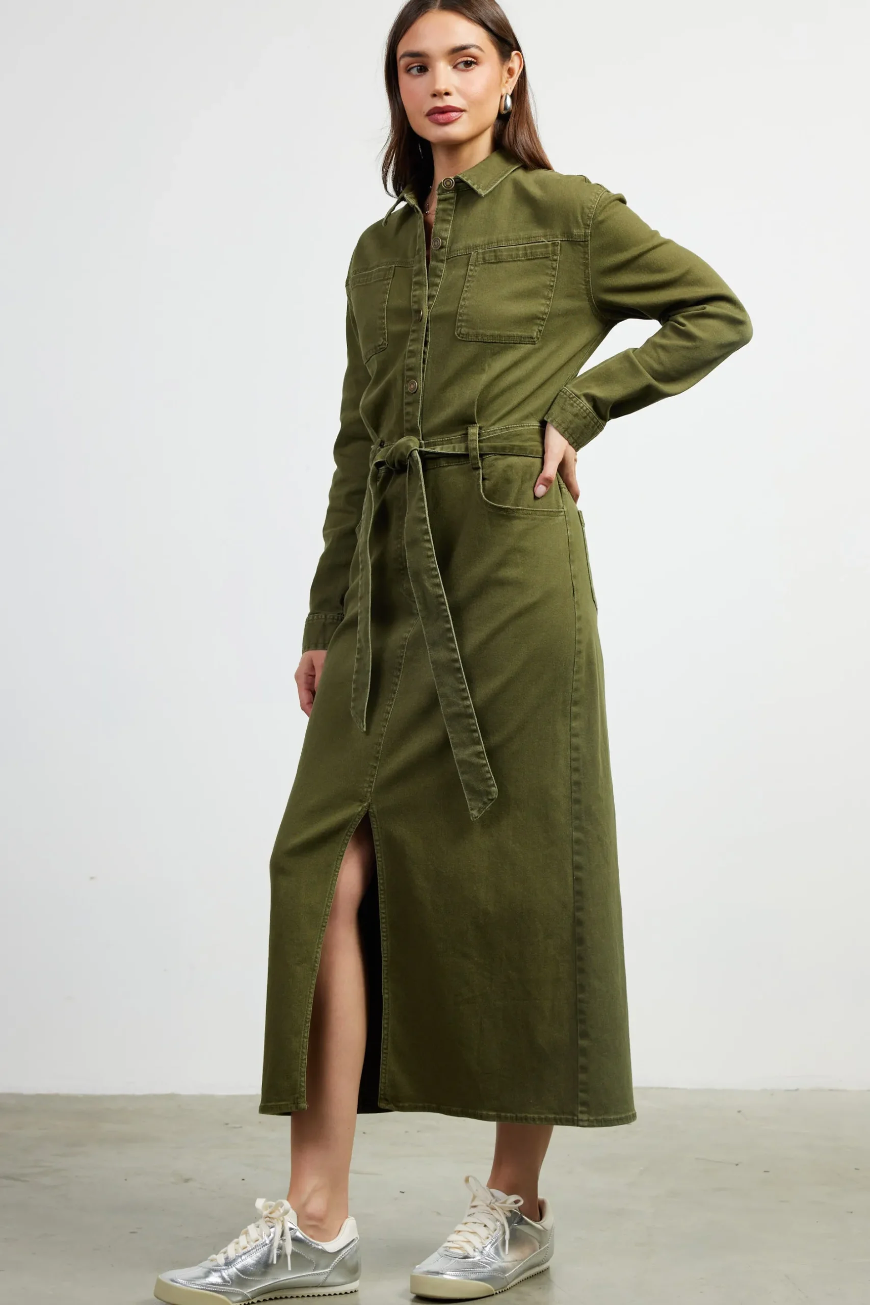 SKIES ARE BLUE Midi Dresses*Utilitarian Detail Midi Dress Olive
