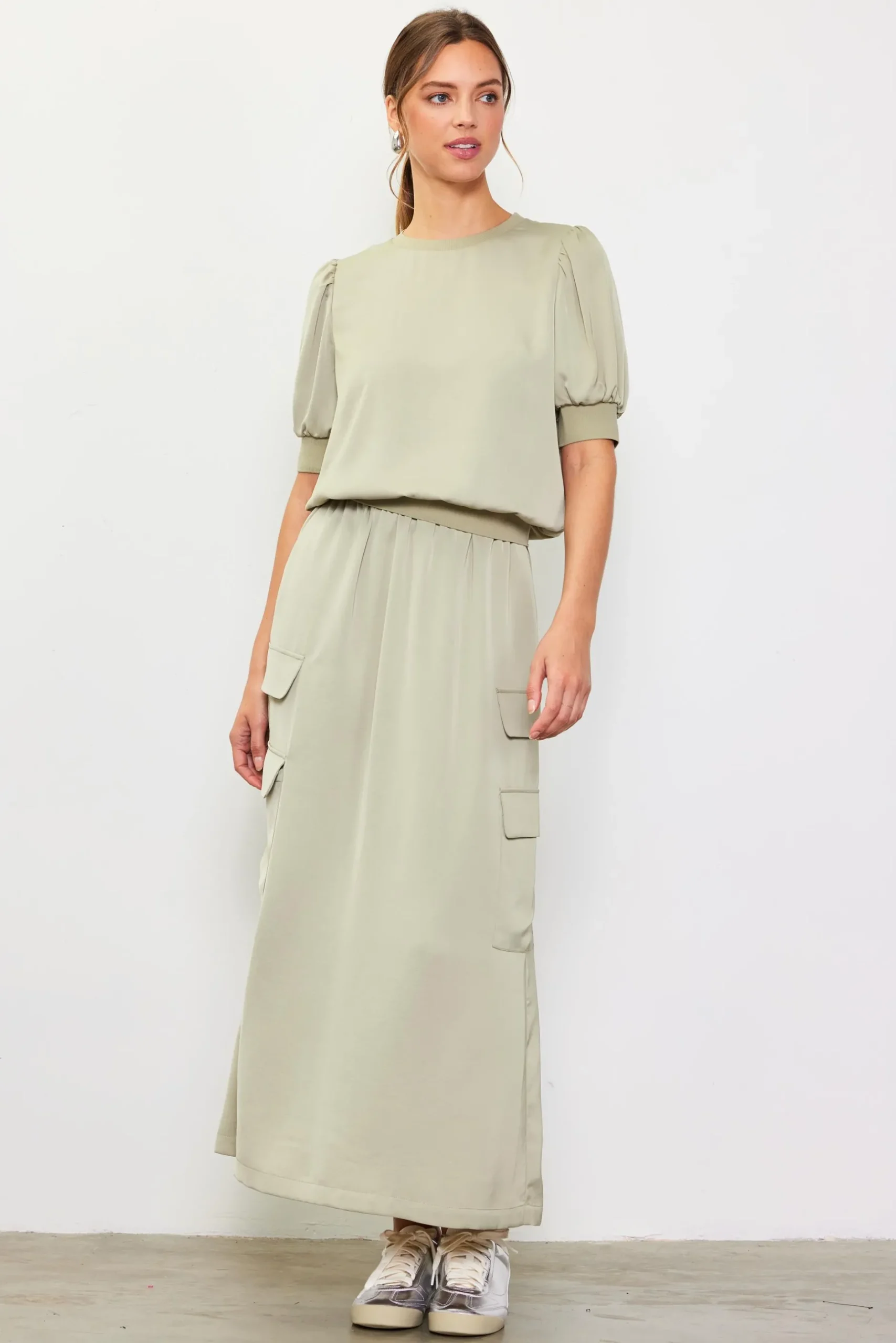 SKIES ARE BLUE Skirts*Utility Cargo Pocket Midi Skirt Sage