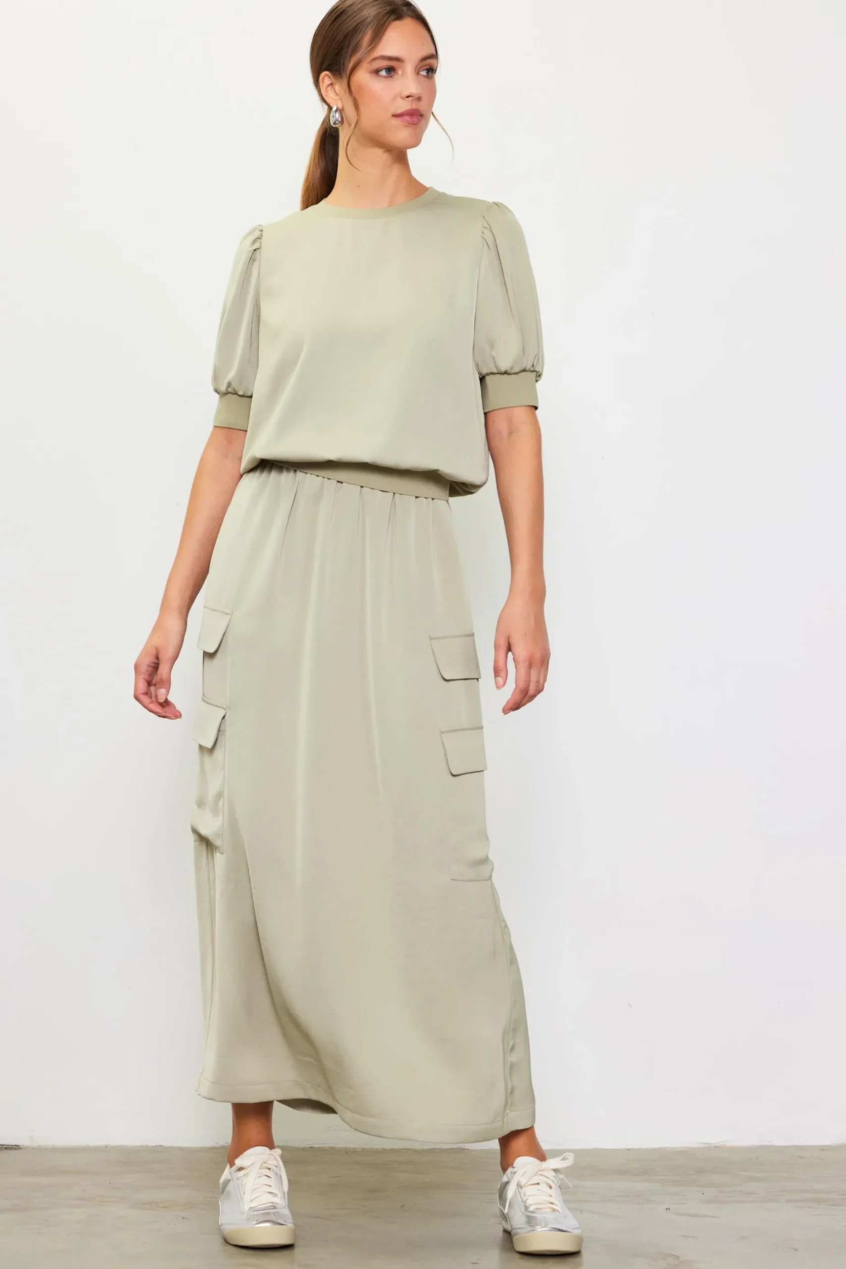 SKIES ARE BLUE Skirts*Utility Cargo Pocket Midi Skirt Sage