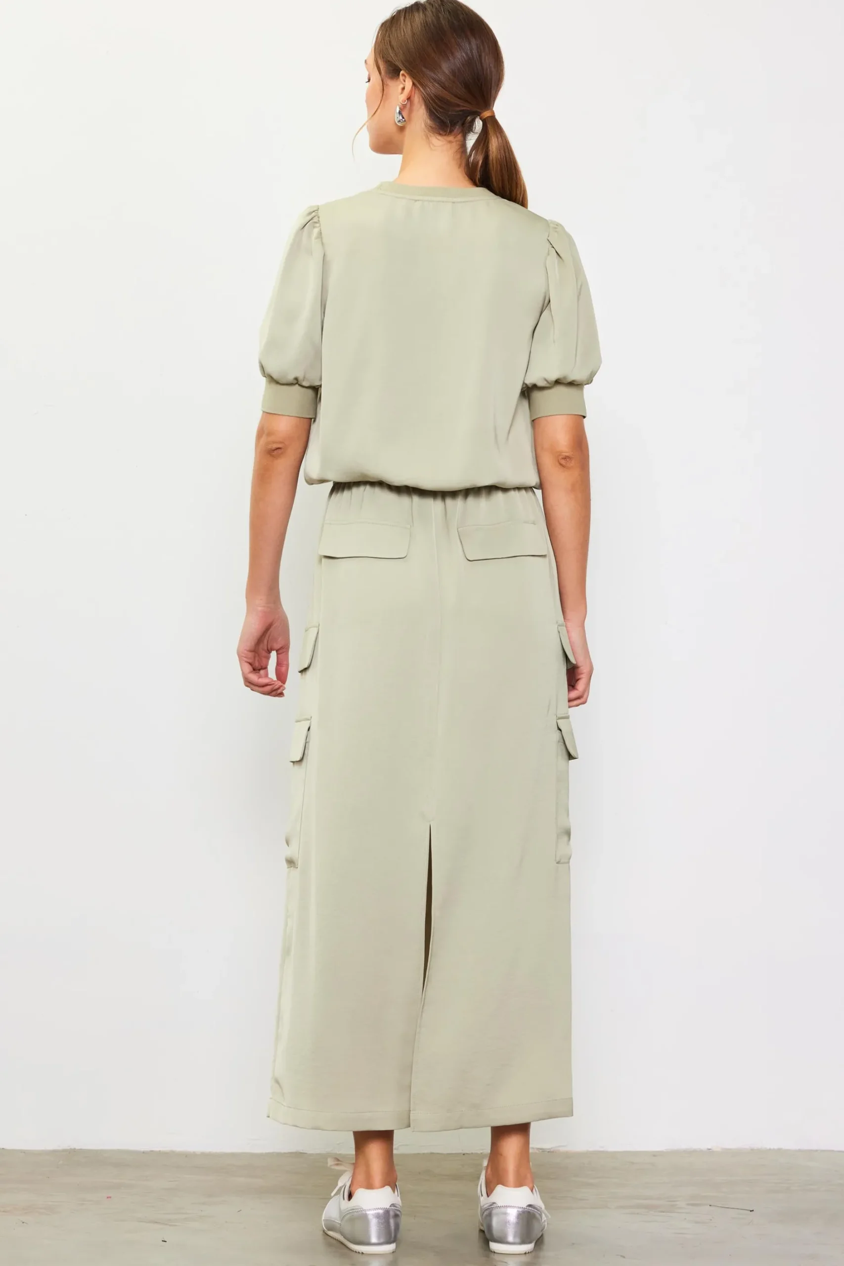 SKIES ARE BLUE Skirts*Utility Cargo Pocket Midi Skirt Sage