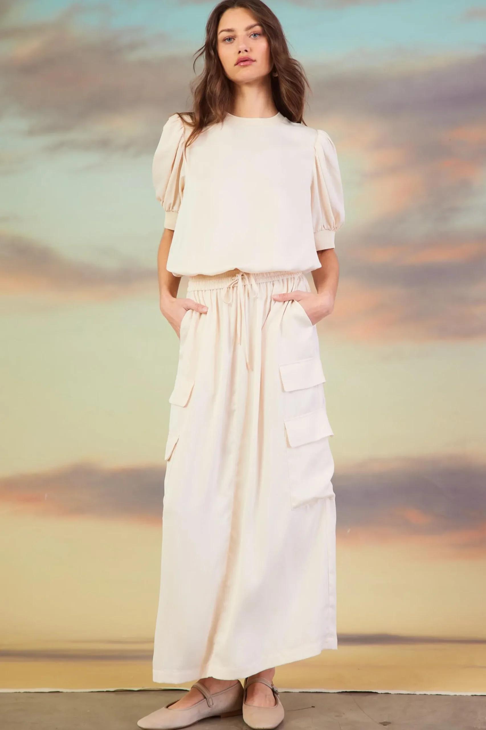 SKIES ARE BLUE Skirts*Utility Cargo Pocket Midi Skirt Oatmeal