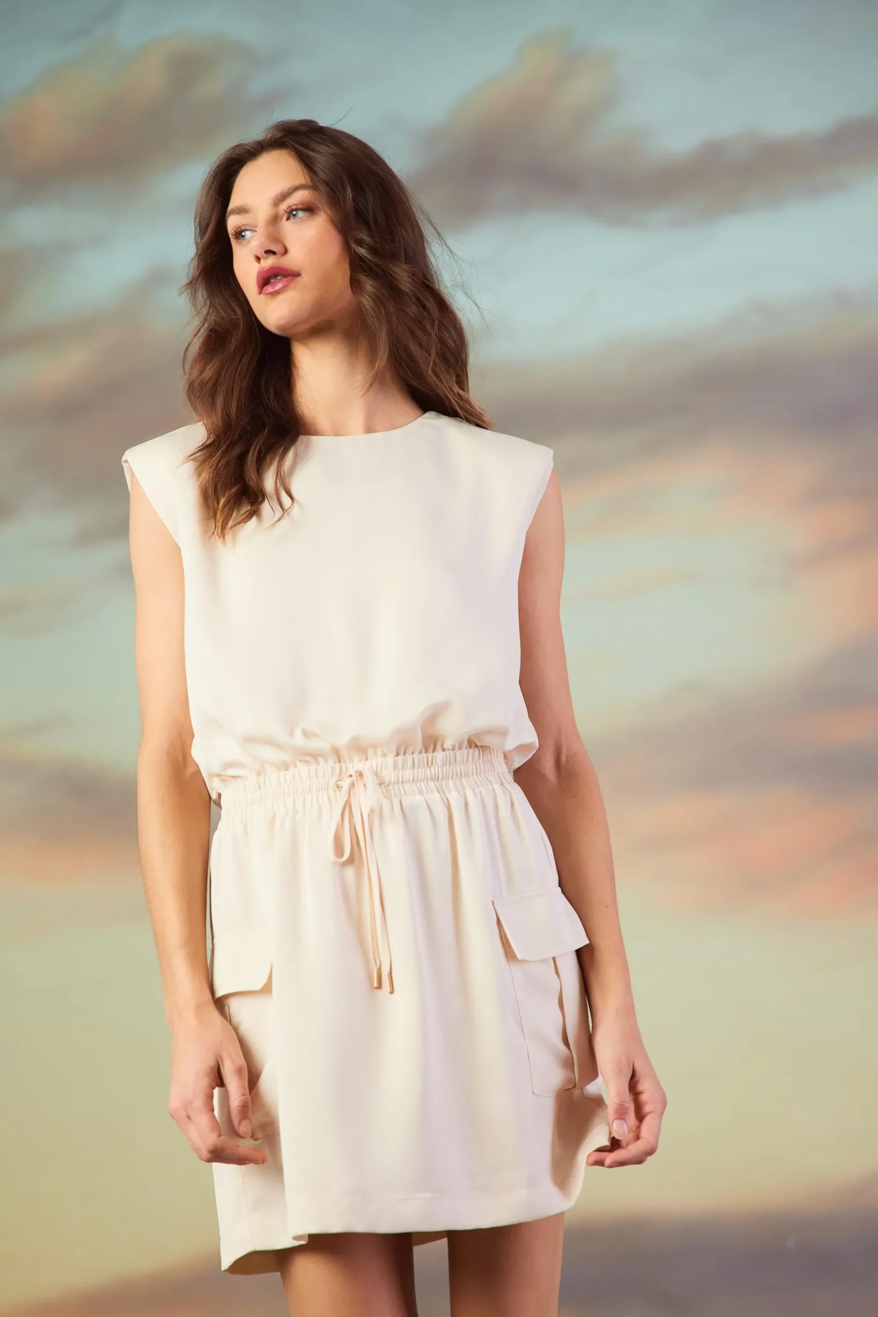 SKIES ARE BLUE Mini Dresses*Utility Sleeveless Mini Dress Oatmeal