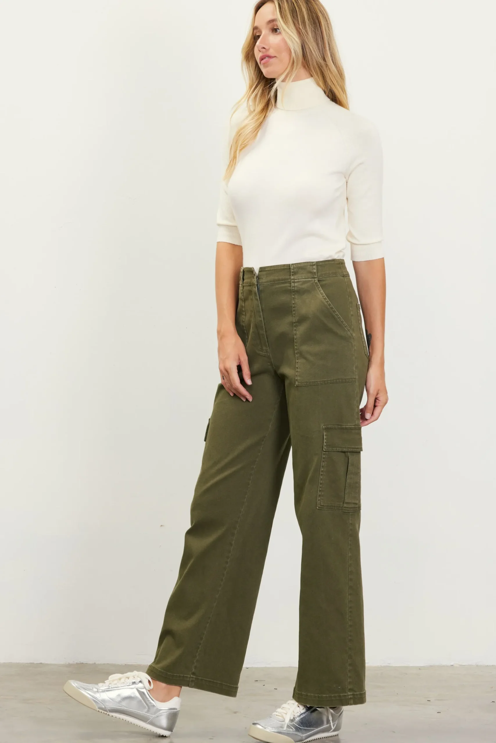 SKIES ARE BLUE Pants*Utility Straight Leg Pants Olive