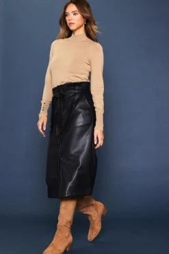 SKIES ARE BLUE Skirts*Vegan Leather Front Tie Midi Skirt Black