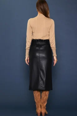 SKIES ARE BLUE Skirts*Vegan Leather Front Tie Midi Skirt Black