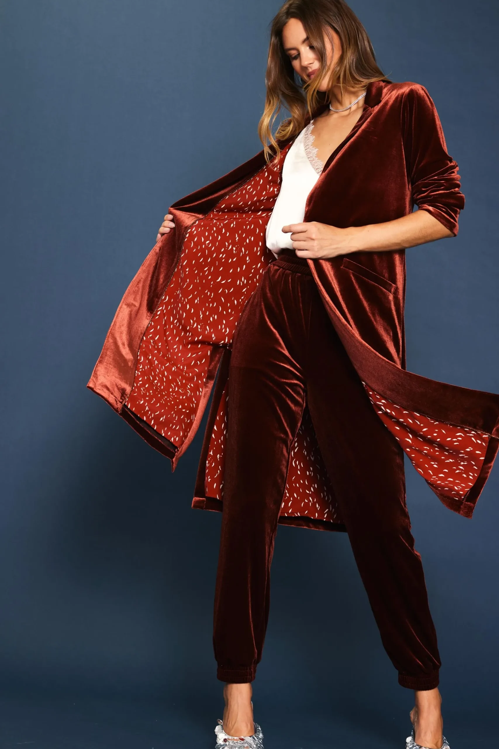 SKIES ARE BLUE Outerwear*Velvet Duster Coat Amberrust