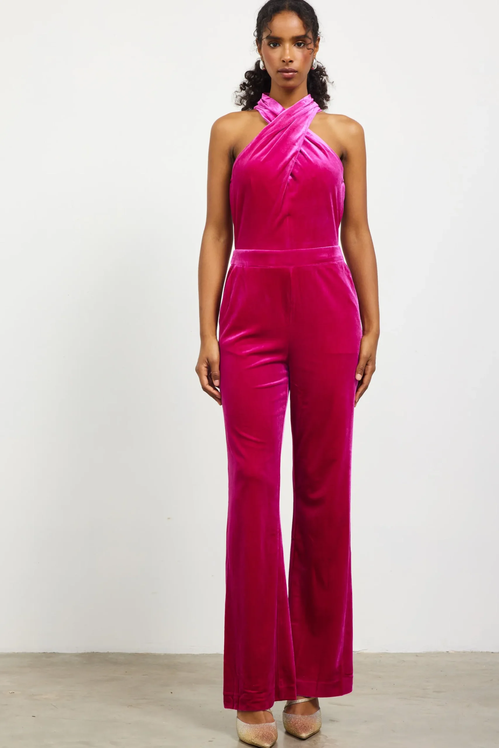 SKIES ARE BLUE Jumpsuits*Velvet Halter Neck Jumpsuit Magenta
