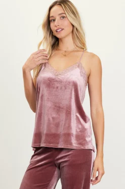 SKIES ARE BLUE Sleeveless Tops*Velvet Lace Detail Cami Mauve