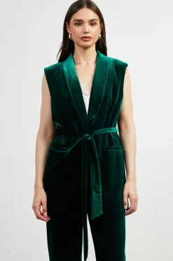 SKIES ARE BLUE Sleeveless Tops*Velvet Vest with Self Tie Huntergreen