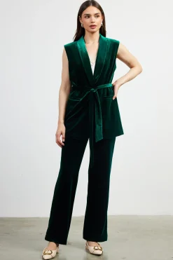 SKIES ARE BLUE Sleeveless Tops*Velvet Vest with Self Tie Huntergreen