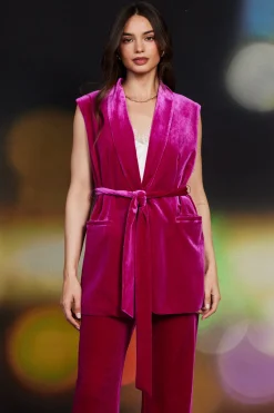 SKIES ARE BLUE Sleeveless Tops*Velvet Vest with Self Tie Magenta
