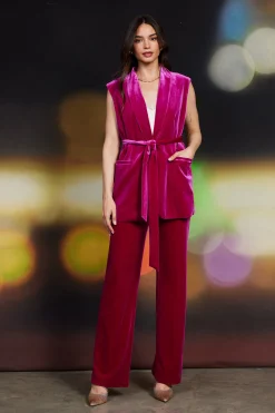 SKIES ARE BLUE Sleeveless Tops*Velvet Vest with Self Tie Magenta