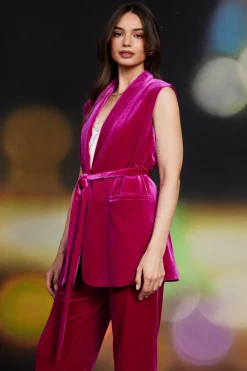 SKIES ARE BLUE Sleeveless Tops*Velvet Vest with Self Tie Magenta
