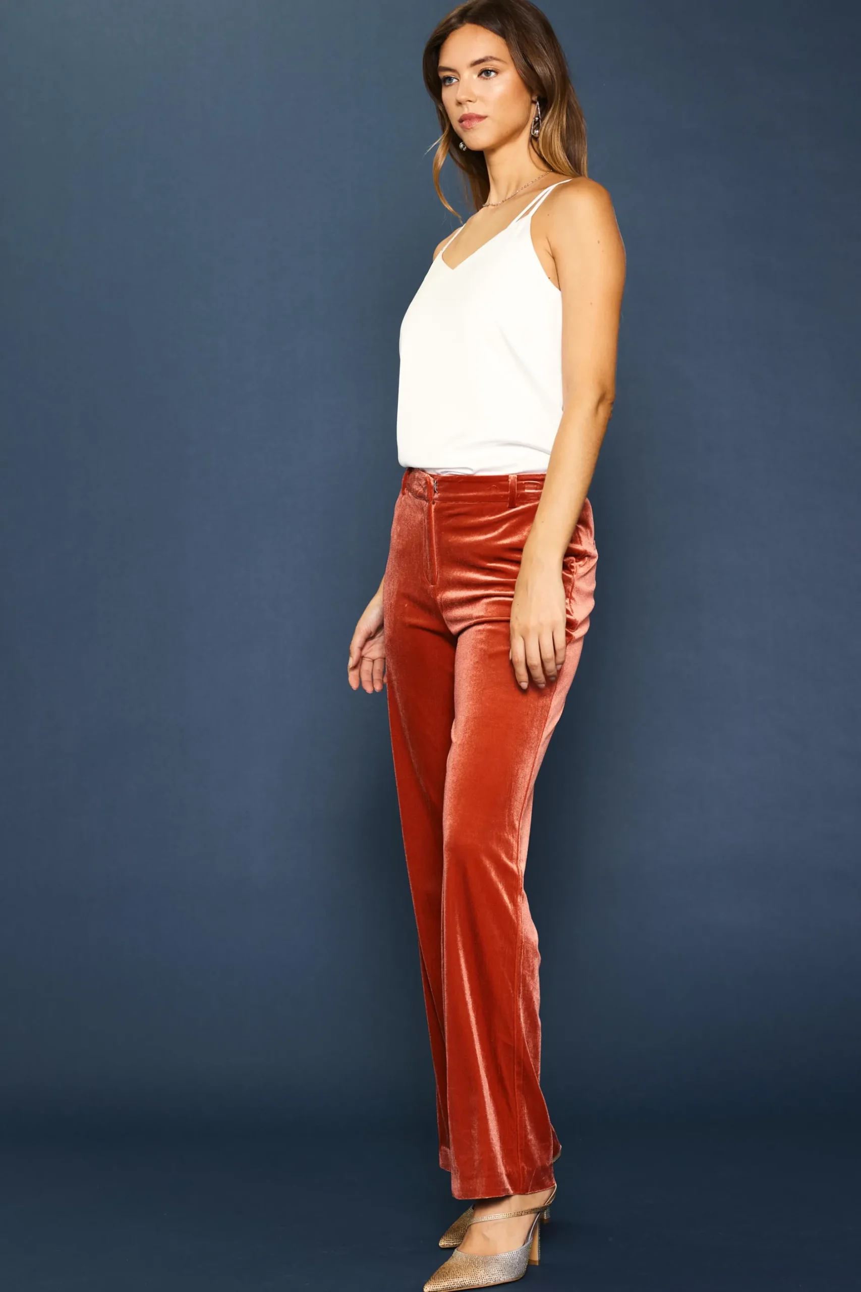 SKIES ARE BLUE Pants*Velvet Wide Leg Pants Terracotta