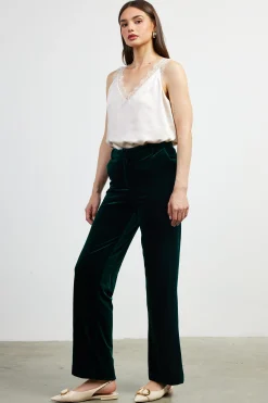 SKIES ARE BLUE Pants*Velvet Wide Leg Pants Huntergreen