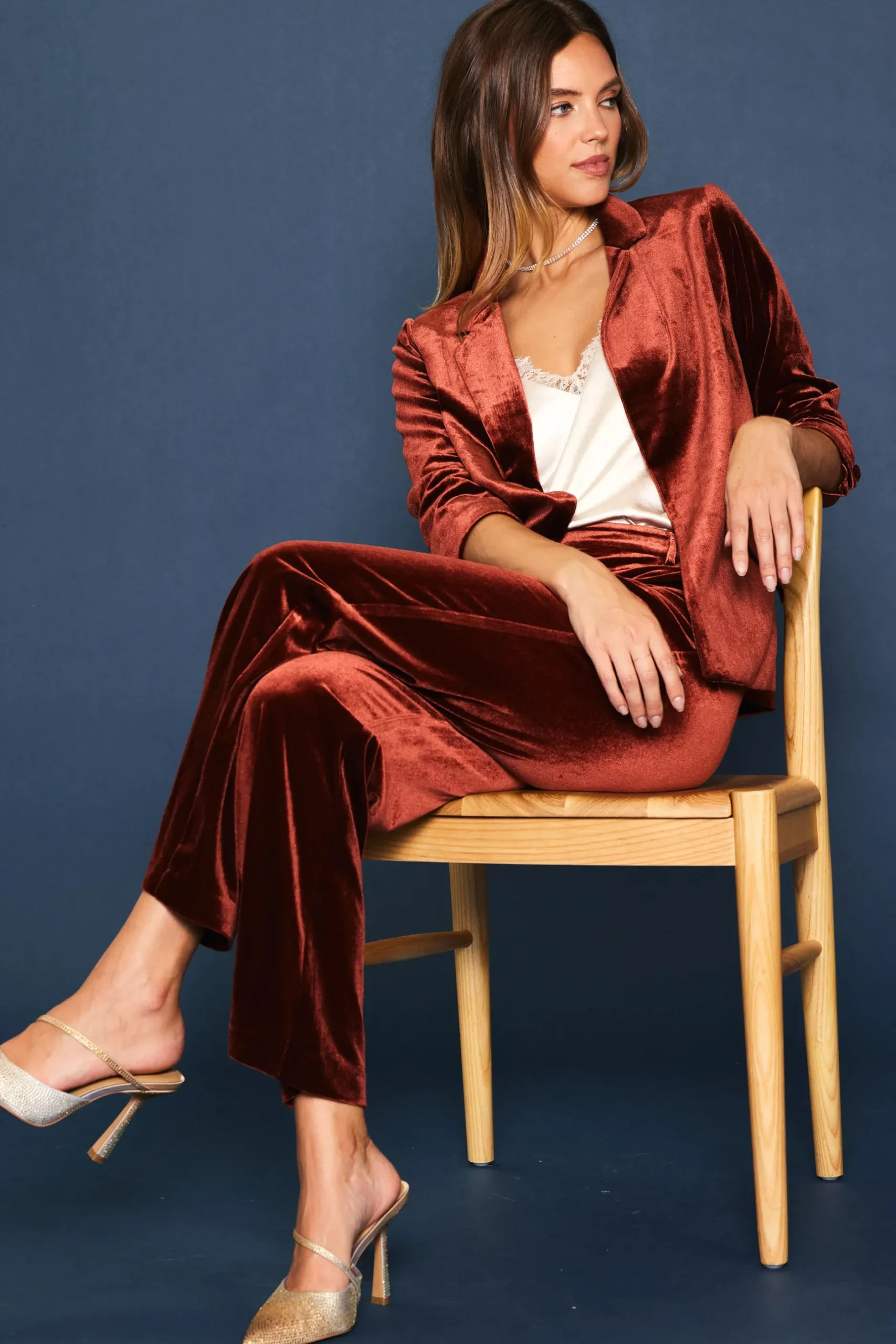 SKIES ARE BLUE Pants*Velvet Wide Leg Pants Amberrust