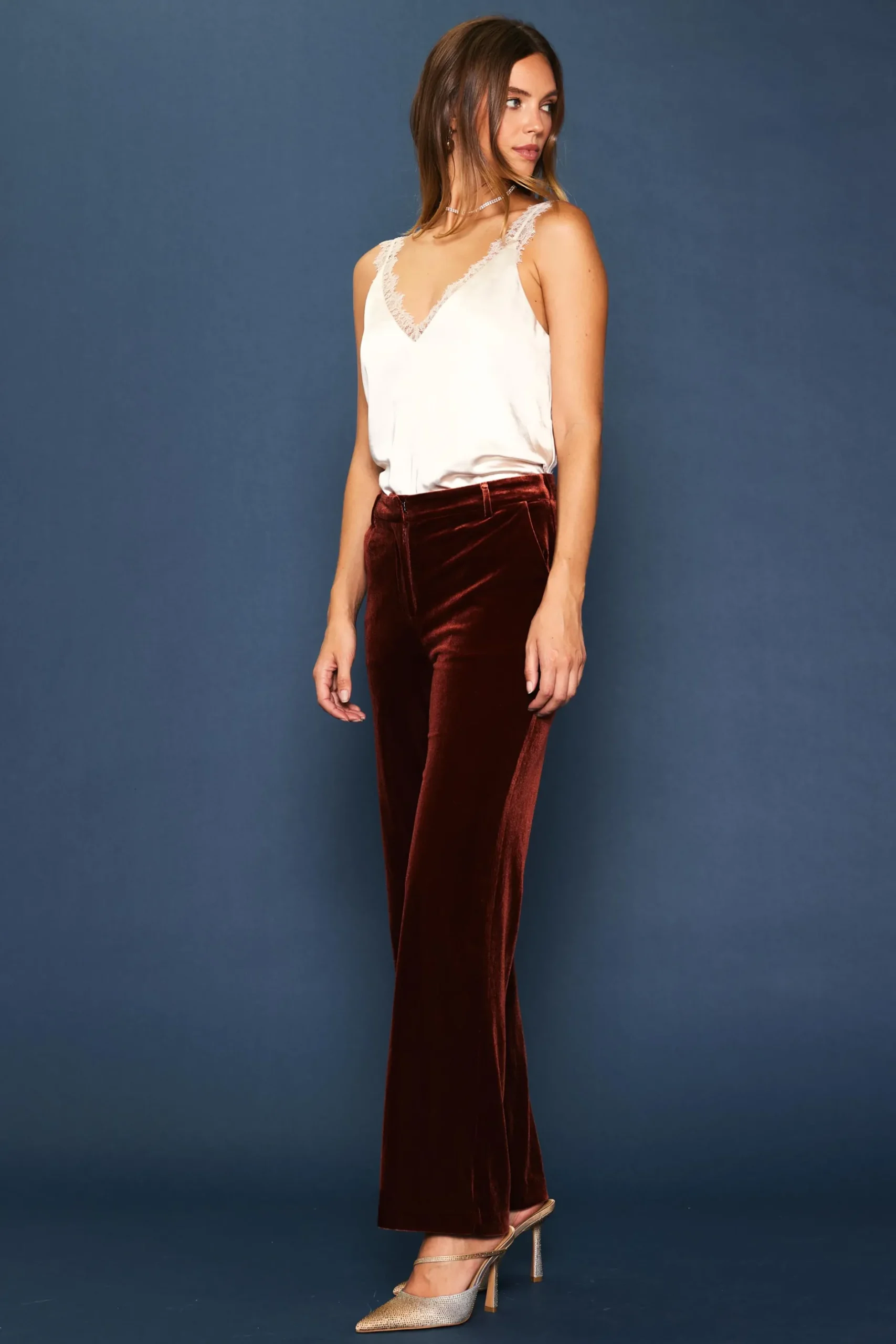 SKIES ARE BLUE Pants*Velvet Wide Leg Pants Amberrust