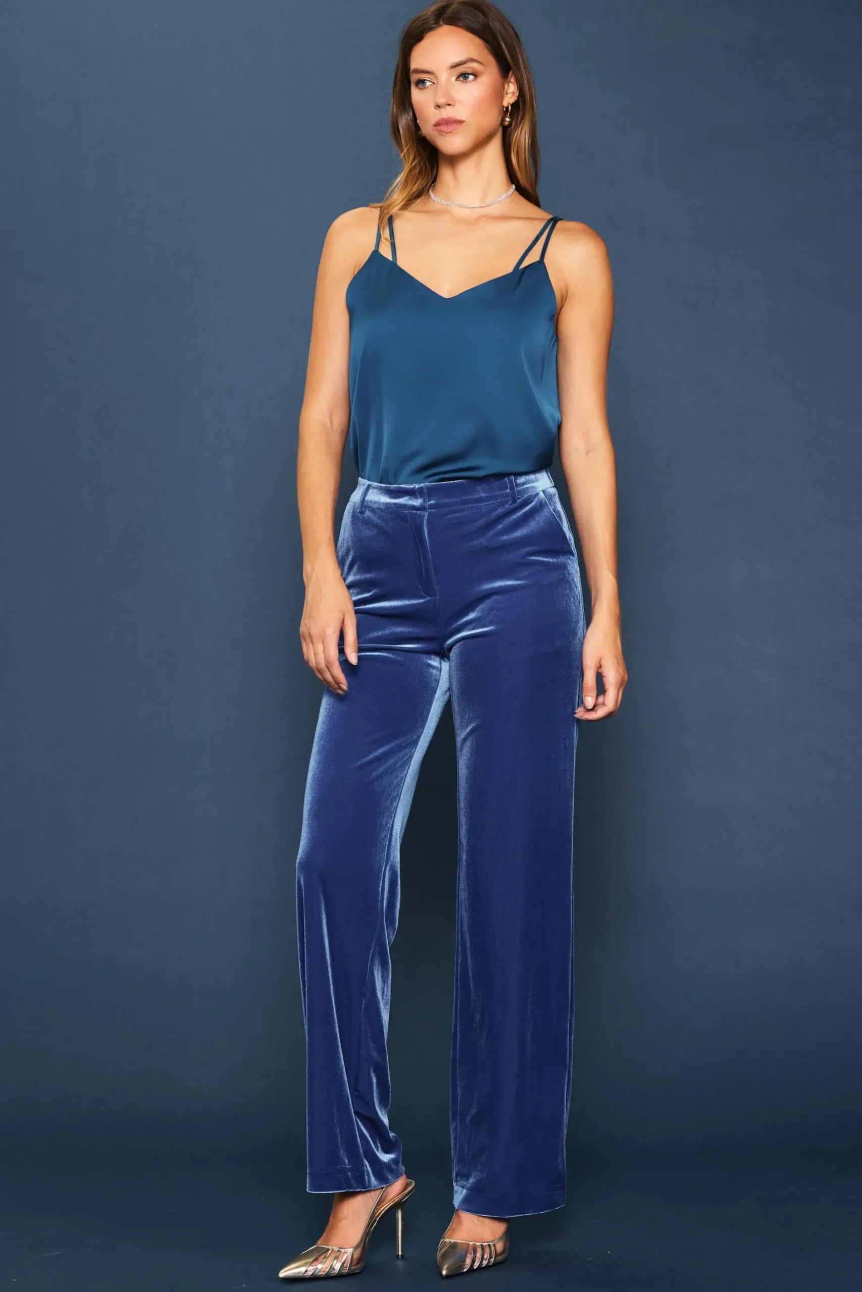 SKIES ARE BLUE Pants*Velvet Wide Leg Pants Oceanblue
